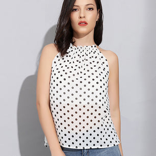 Women's Halter Neck Sleeveless Polka Dot Print Chiffon Blouses