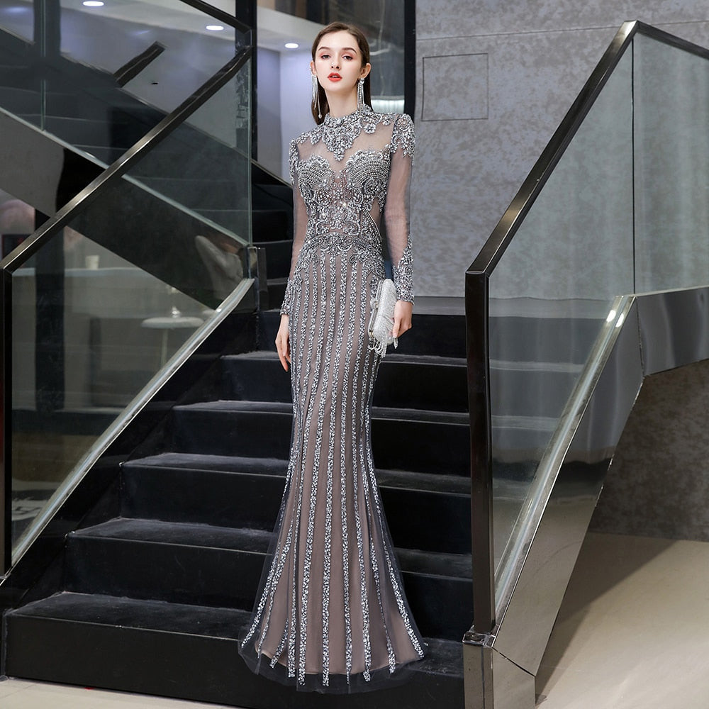 Women's Mock Neck Full Sleeves Beading Pattern Formal Gown