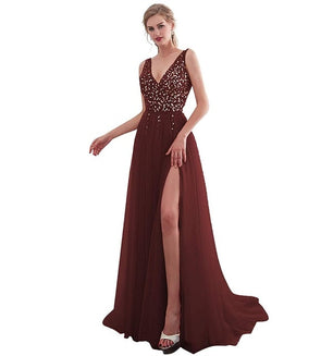 Women's V-Neck Sleeveless Sparkly Beaded High Slit Tulle Dress