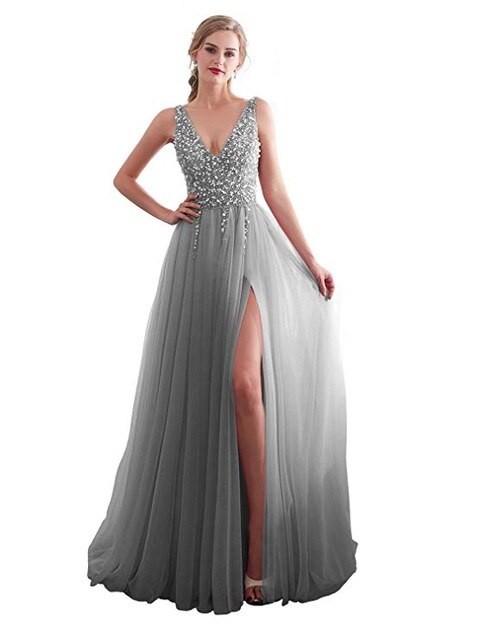 Women's V-Neck Sleeveless Sparkly Beaded High Slit Tulle Dress