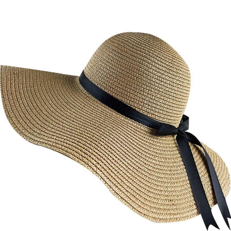 Women's Round Straw Foldable Ribbon Bowknot Wide Brim Sun Hats