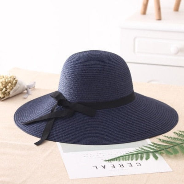 Women's Round Straw Foldable Ribbon Bowknot Wide Brim Sun Hats