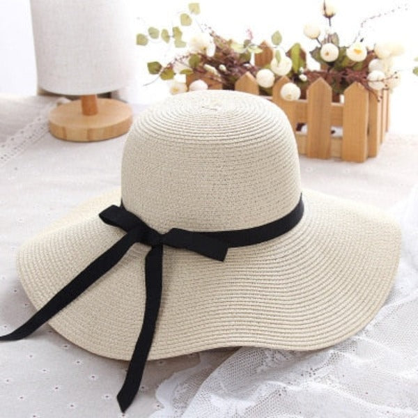 Women's Round Straw Foldable Ribbon Bowknot Wide Brim Sun Hats