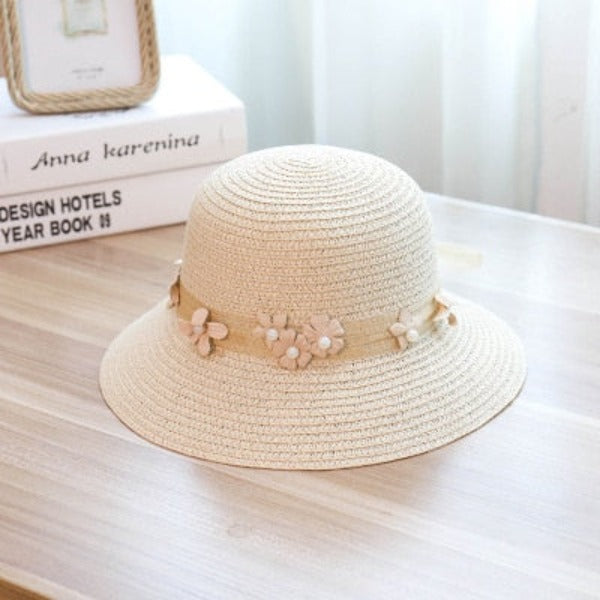 Women's Round Straw Floral Strip Pattern Beach Wear Full Brim Hat