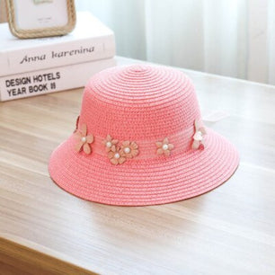 Women's Round Straw Floral Strip Pattern Beach Wear Full Brim Hat