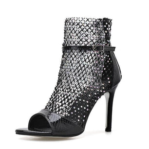 Women's Peep Toe Mesh Glitter Sequin Thin Heel Ankle Boots