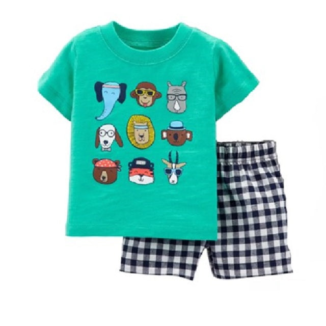 Kid's Round Neck Cartoon Printed T-Shirt With Short Set