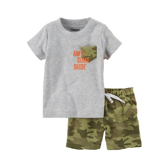 Kid's Round Neck Cartoon Printed T-Shirt With Short Set