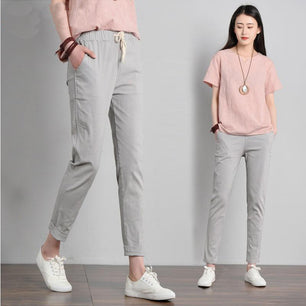 Women's Low Elastic Drawstring Waist Plain With Pocket Slim Pants