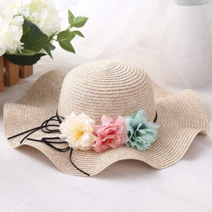 Women's Round Straw Brim Striped Floral Pattern Summer Wear Hats