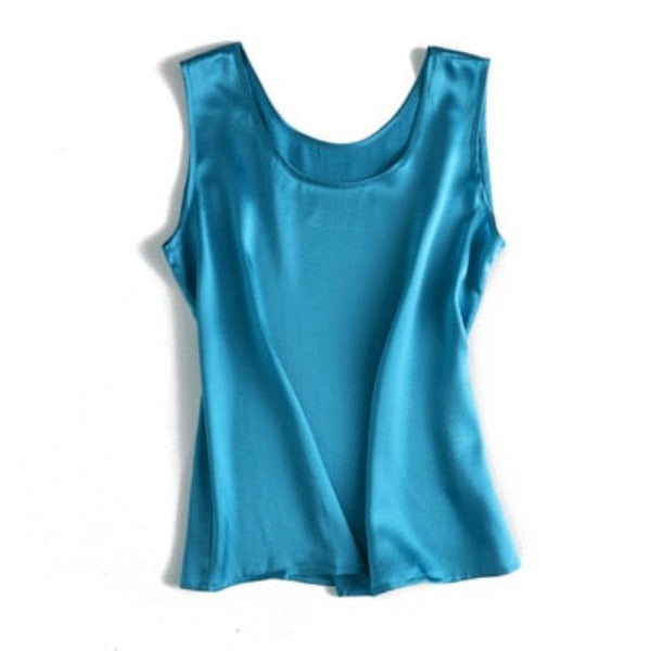 Women's Silk Satin Round Neck Sleeveless Plain Formal Blouses