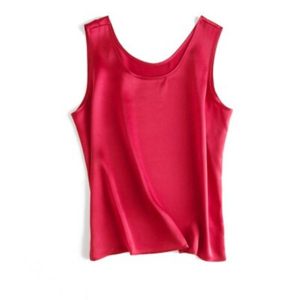 Women's Silk Satin Round Neck Sleeveless Plain Formal Blouses