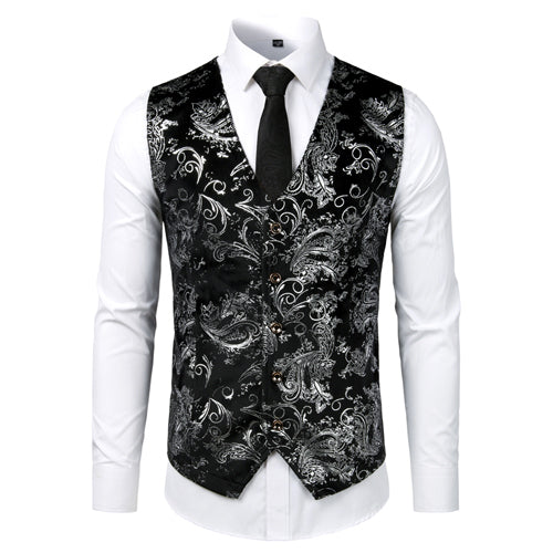 Men's V-Neck Sleeveless Floral Single Breasted Formal Vests