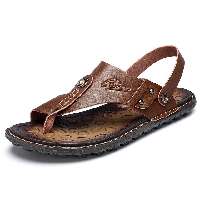 Men's Split Leather Clip Toe Slip-On Ankle Back Strap Sandals