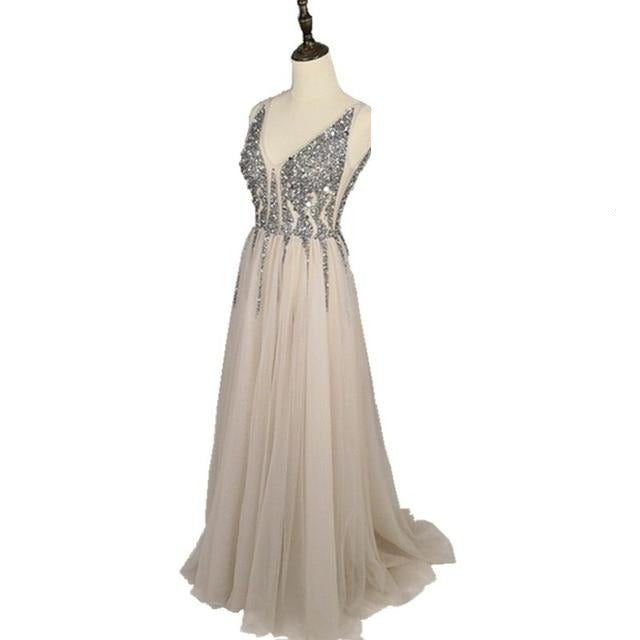 Women's V-Neck Open Back Sparkly Beaded High Split Tulle Dress