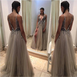 Women's V-Neck Open Back Sparkly Beaded High Split Tulle Dress