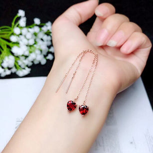 Women's 100% 925 Sterling Silver Heart Red Zircon Long Drop Earrings