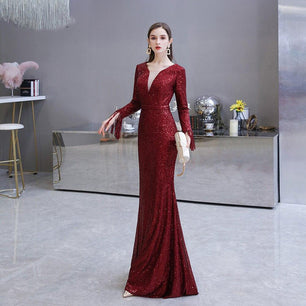 Women's Round Cutout Neck Full Sleeves Long Sequined Gown Dress