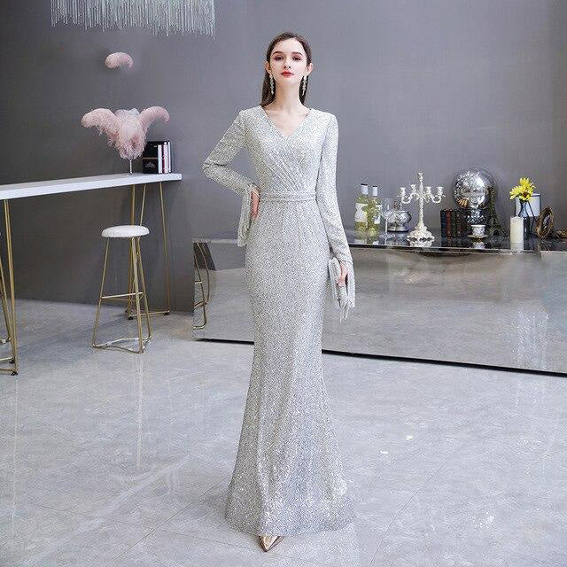 Women's Round Cutout Neck Full Sleeves Long Sequined Gown Dress