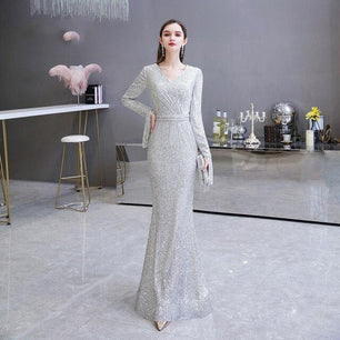 Women's Round Cutout Neck Full Sleeves Long Sequined Gown Dress
