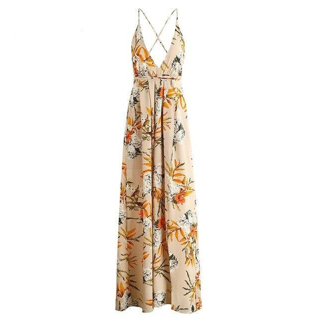 Women's V-Neck Spaghetti Strap Floral Print Side Split Casual Dress