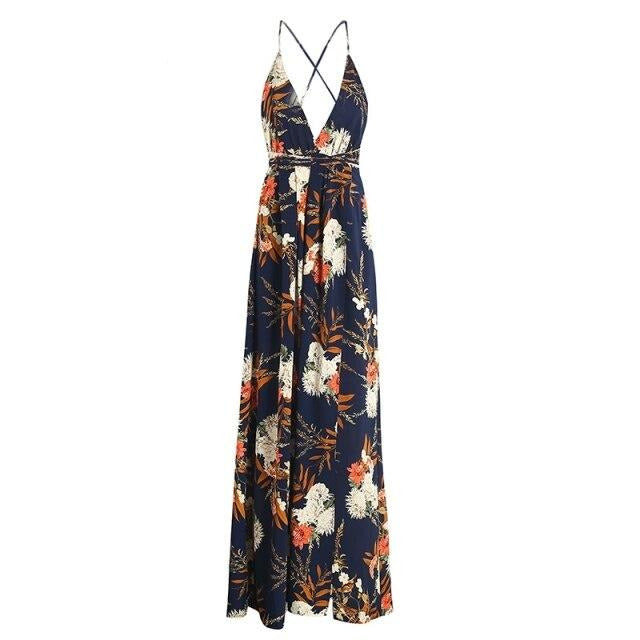 Women's V-Neck Spaghetti Strap Floral Print Side Split Casual Dress