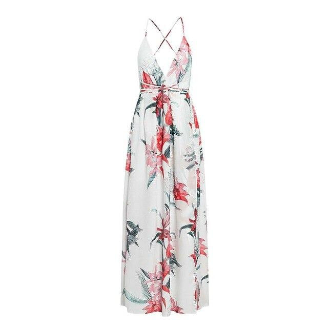 Women's V-Neck Spaghetti Strap Floral Print Side Split Casual Dress