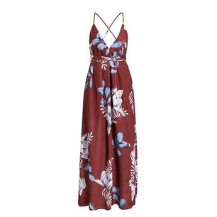 Women's V-Neck Spaghetti Strap Floral Print Side Split Casual Dress