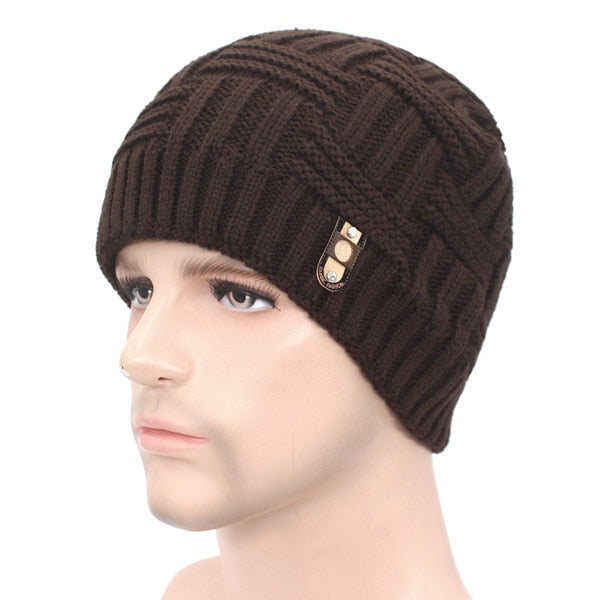 Men's Cloth Plaid Patchwork Knitted Winter Wear Warm Hat