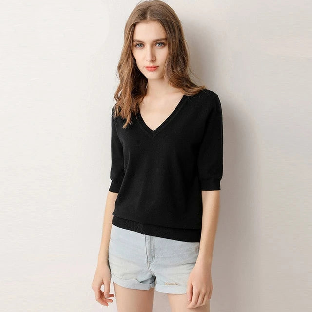 Women's V-Neck Half Sleeve Plain Knitted Casual Blouses