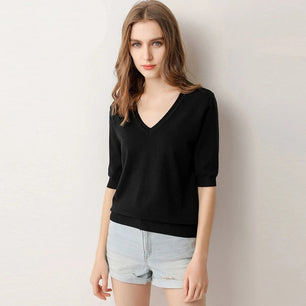 Women's V-Neck Half Sleeve Plain Knitted Casual Blouses