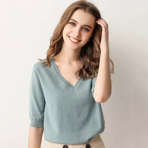 Women's V-Neck Half Sleeve Plain Knitted Casual Blouses