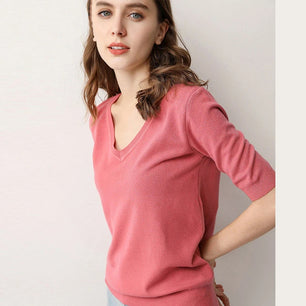 Women's V-Neck Half Sleeve Plain Knitted Casual Blouses