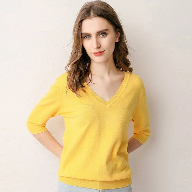 Women's V-Neck Half Sleeve Plain Knitted Casual Blouses