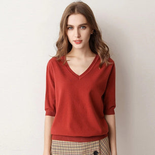 Women's V-Neck Half Sleeve Plain Knitted Casual Blouses