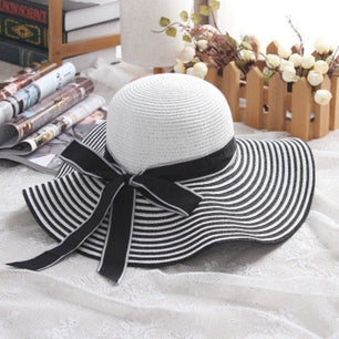 Women's Round Straw Striped Bowknot Beachwear Large Hat