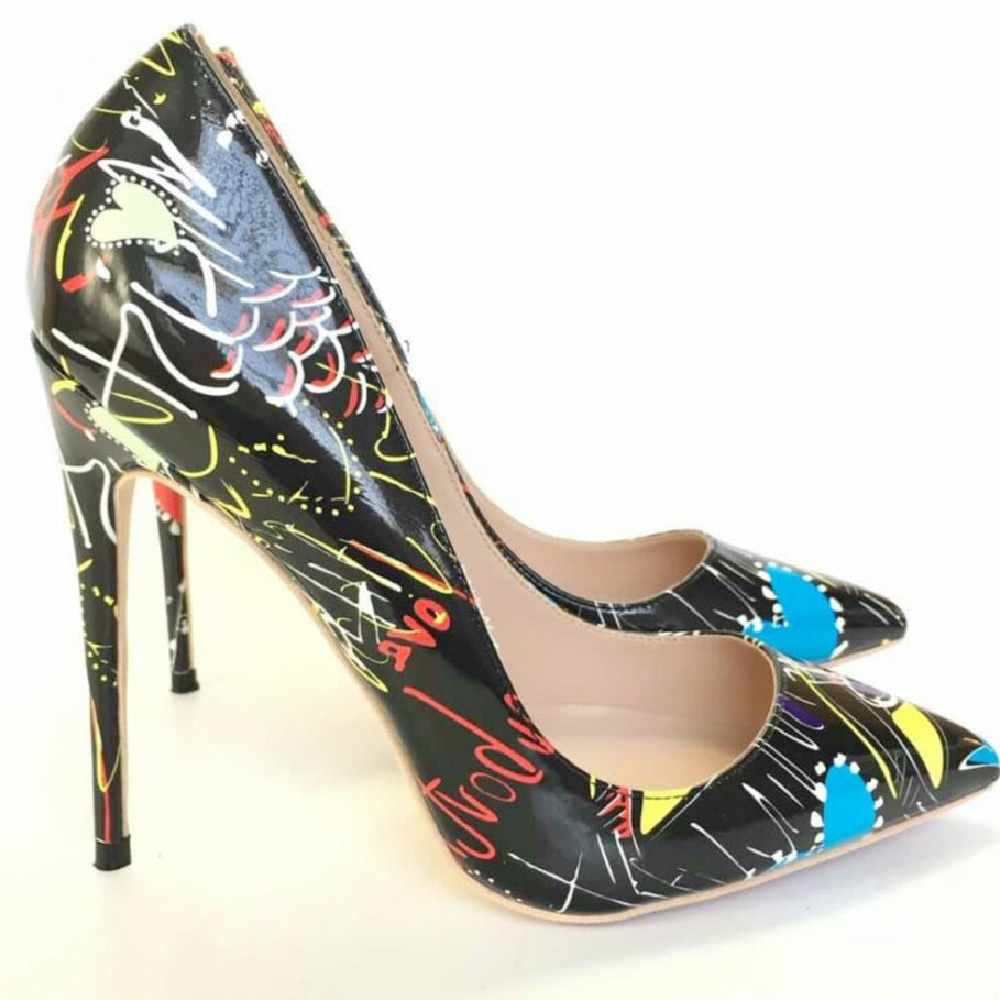 Women's Leather Print Pointed Toe Thin High Heel Pumps Shoe