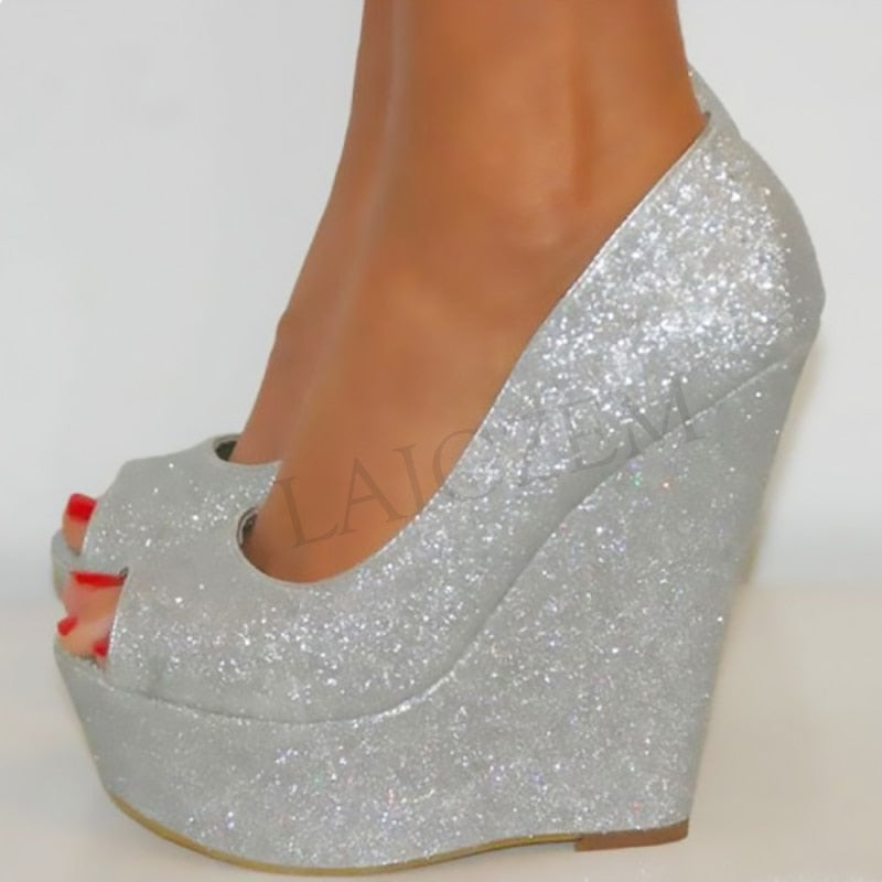 Women's Peep Toe High Heel Glitter Pattern Fetish Wedges Shoes