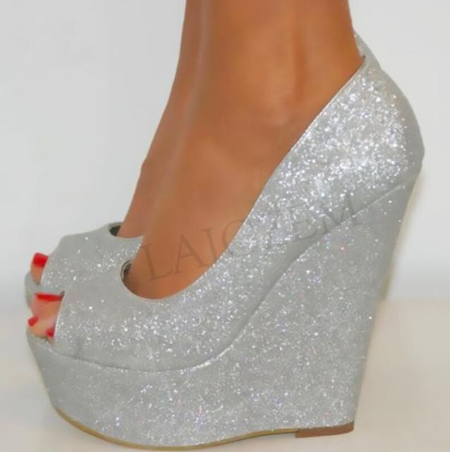 Women's Peep Toe High Heel Glitter Pattern Fetish Wedges Shoes