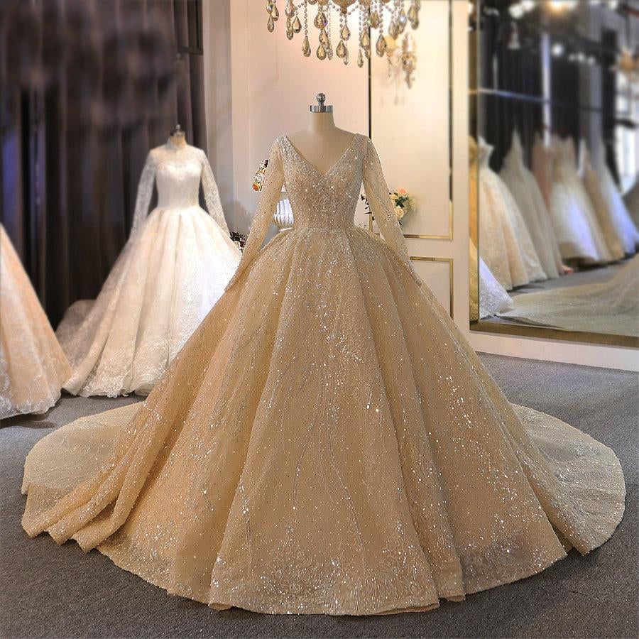 Women's V-Neck Long Sleeve Pearl Beading Court Train Wedding Dress