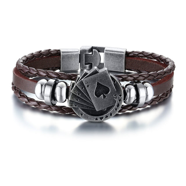 Men's Leather Playing Cards Charm Multilayer Braided Bracelet