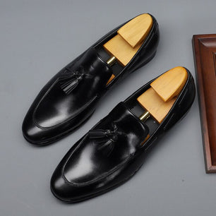 Men's Genuine Leather Pointed Shiny Toe Slip-On Tussel Shoes