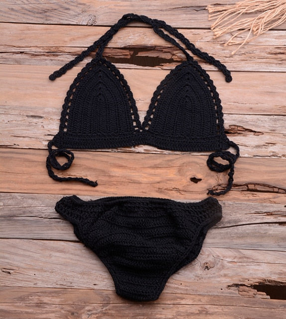 Women's V-Neck Spaghetti Strap Crochet High Waist Bikini Set