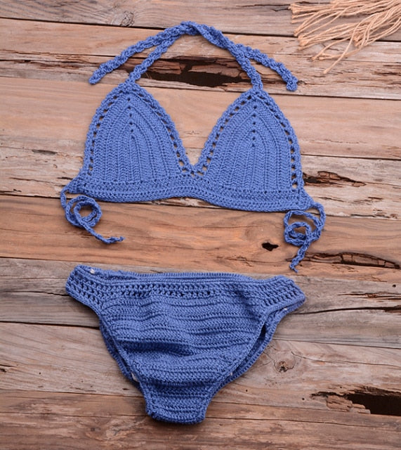 Women's V-Neck Spaghetti Strap Crochet High Waist Bikini Set