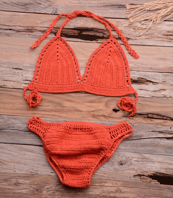 Women's V-Neck Spaghetti Strap Crochet High Waist Bikini Set