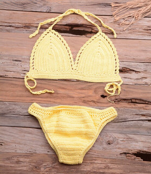 Women's V-Neck Spaghetti Strap Crochet High Waist Bikini Set