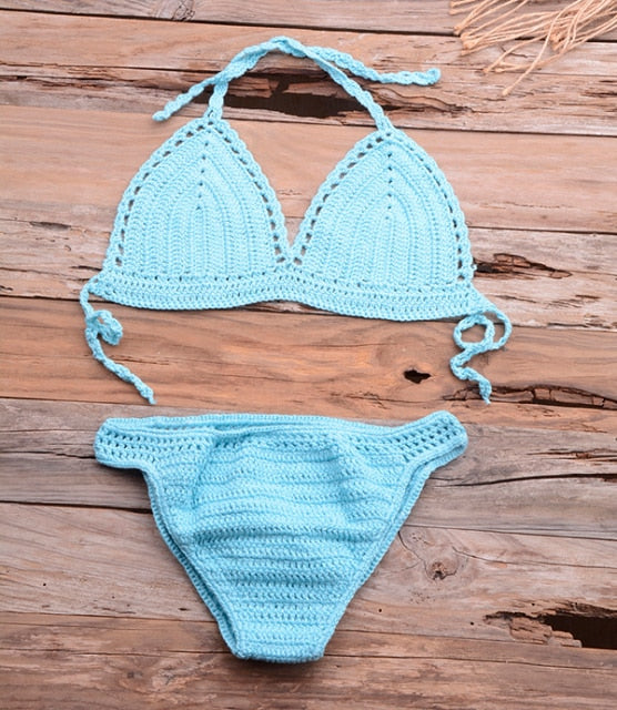 Women's V-Neck Spaghetti Strap Crochet High Waist Bikini Set