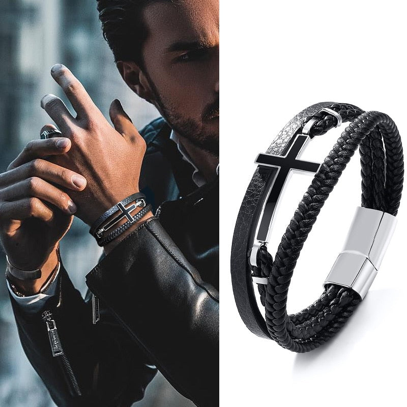 Men's Leather Strap Attach With Steel Clasp Cuff Style Bracelet