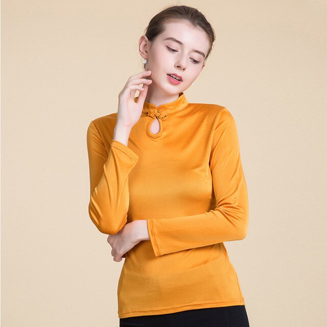 Women's Silk Round Neck Long Sleeve Plain Pattern Blouse