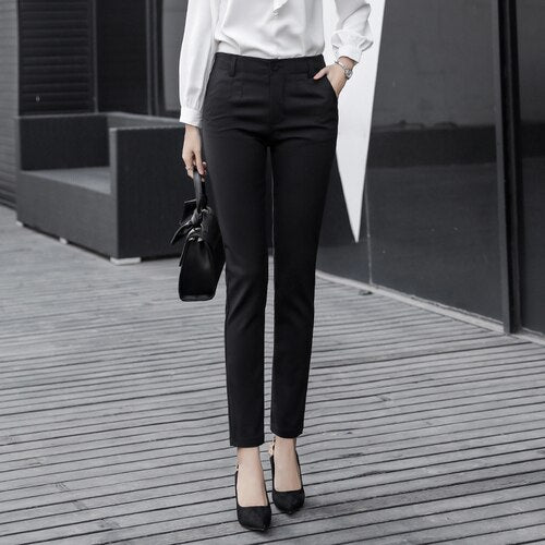 Women's High Waist Plain Button Zipper Pocket Formal Pants